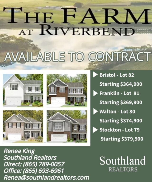 We have 4 plans breaking ground and available to contract NOW! 
*All 4 plans have a closing date for October 2023! 
*All 4 plans offer 3 bed, 2.5 bath with a bonus room and either a formal dining or an office space! 
*All 4 plans are 2300sq.ft. to just under 2500sq.ft.!

🏡 Development Model Home is Open 🏡 
🗓️Saturday & Sunday 
⏰ 1:00PM - 5:00PM

🗺 
Boyd’s Creek 
Hodges Bend 
(R) Onto McCleary 
Stay to the Left on McCleary Bend
(L) The Farm at Riverbend
👀 Look for the Smithbilt Homes sign

For more information and construction updates contact:
🙋🏼‍♀️ Renea King 
🏢 Southland Realtors
🛠 Smithbilt Homes Specialist
📲 (865) 789-0057
☎️ (865) 693-6961 
📧 Renea@southlandrealtors.com
“The Farm at Riverbend Representative”

#smithbilthomes #realtorrenea #smithbilthomesspecialist#rkingsellshomes #newconstruction #newhomes #thefarmatriverbend #thefarm #riverbend #smithbilthomes #southlandrealtors #southlandcomplaniestn #seymour #seymourtn #sevierville #seviercounty #seviercountytn seviervilletn #seviervilletennessee #newdevelopment realtorrenea smithbilthomes southlandrealtors southlandcompaniestn #southlandnewconstructiondivision #farmatriverbend #farmatriverbendbysmithbilt